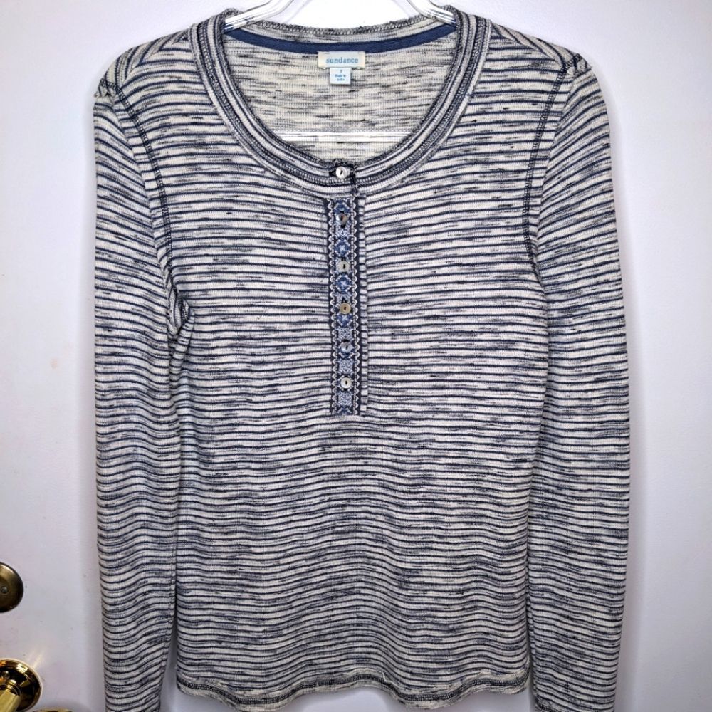 Sundance Catalog Cool Escape Henley Blue & White Stripe Long Sleeve Top Sz Small
